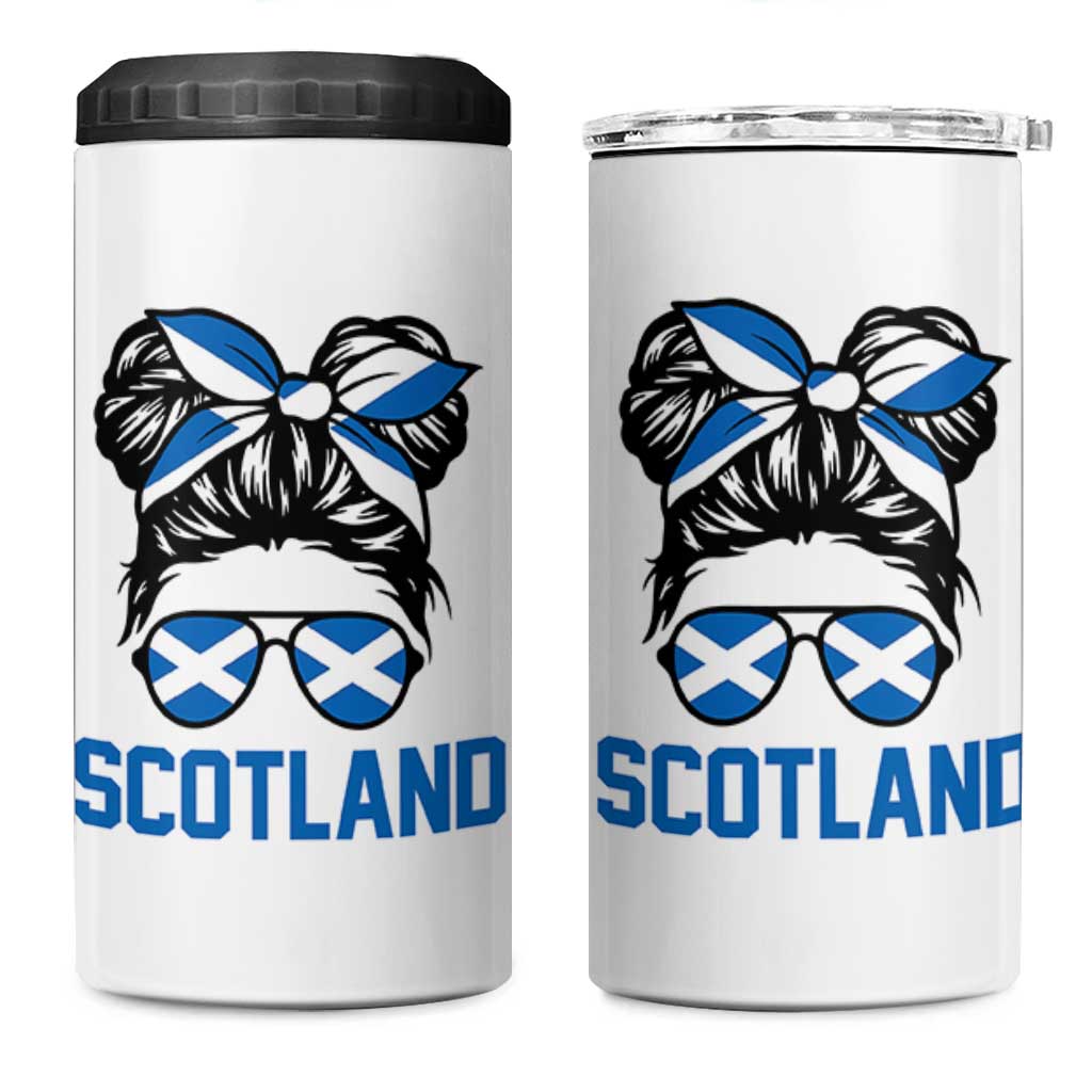Scotland Messy Bun Hair Saltire Flag Ribbon Bow 4 in 1 Can Cooler Tumbler Scottish Pride for Girls Women