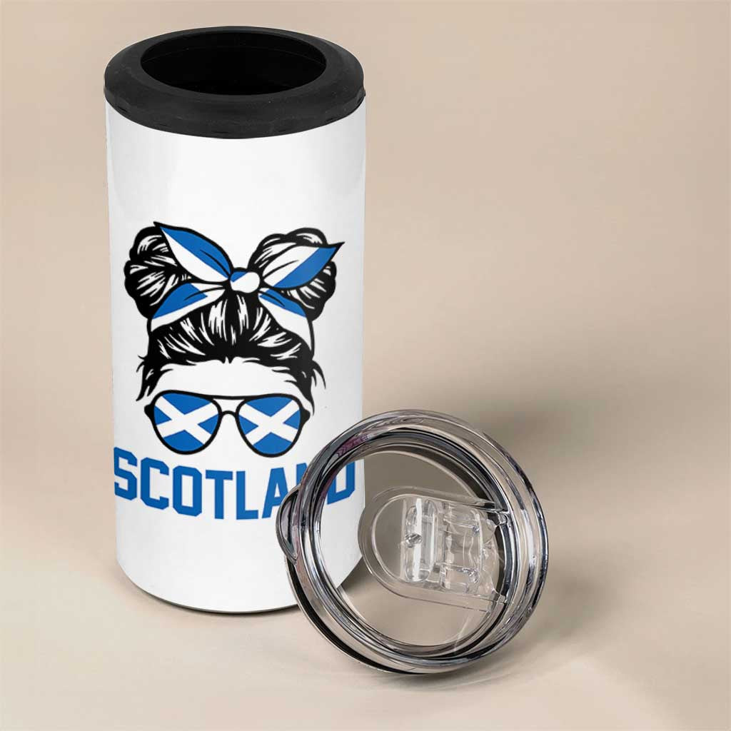 Scotland Messy Bun Hair Saltire Flag Ribbon Bow 4 in 1 Can Cooler Tumbler Scottish Pride for Girls Women