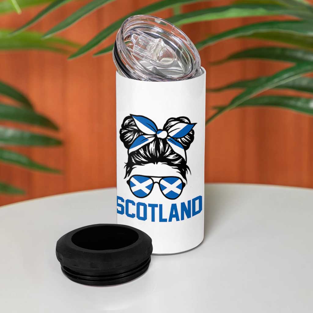 Scotland Messy Bun Hair Saltire Flag Ribbon Bow 4 in 1 Can Cooler Tumbler Scottish Pride for Girls Women