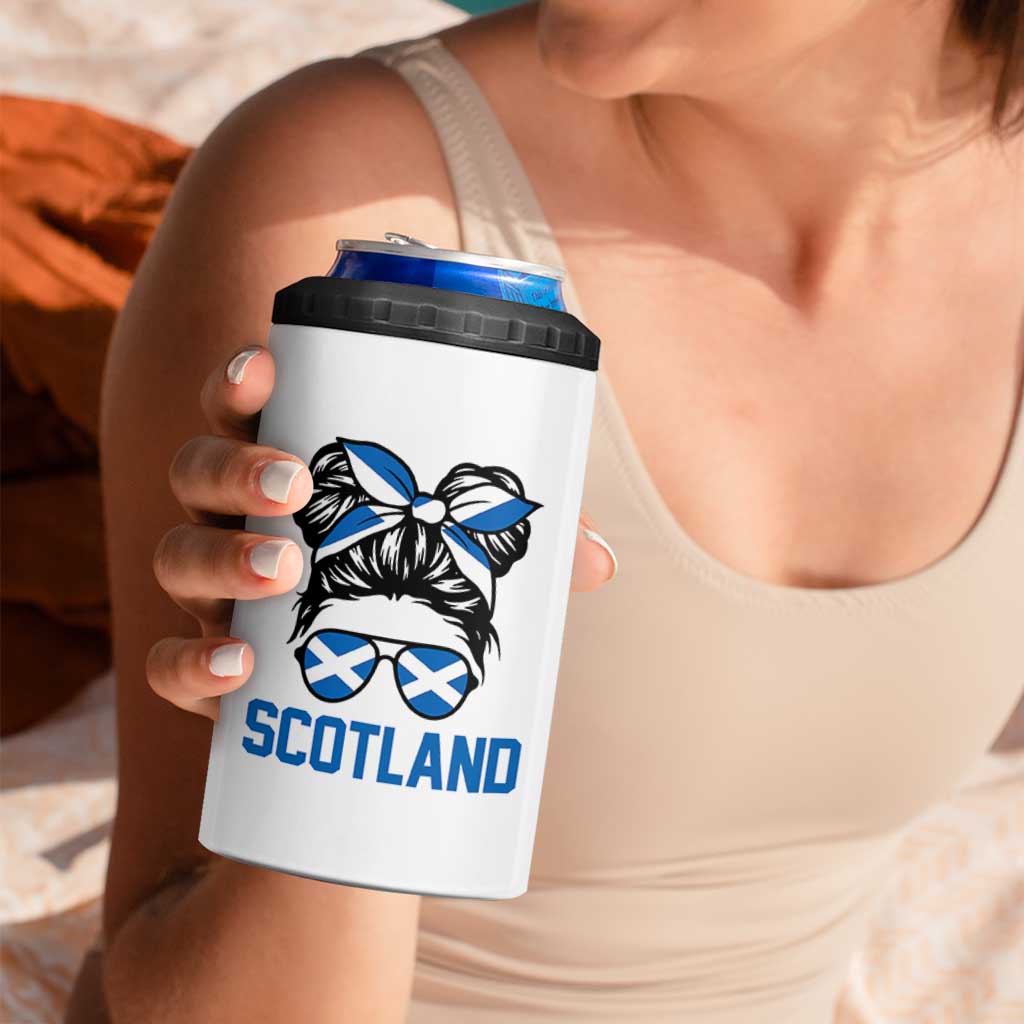 Scotland Messy Bun Hair Saltire Flag Ribbon Bow 4 in 1 Can Cooler Tumbler Scottish Pride for Girls Women