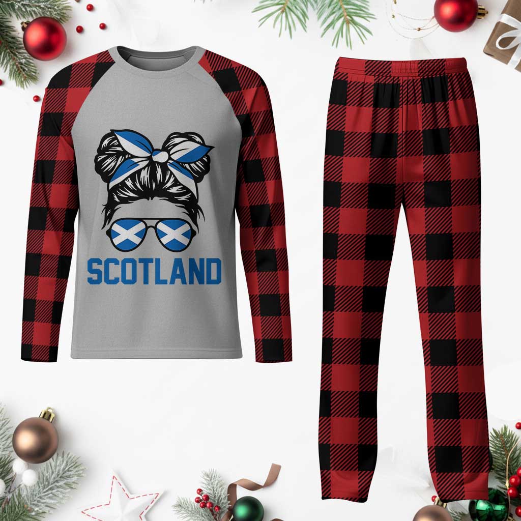 Scotland Messy Bun Hair Saltire Flag Ribbon Bow Plaid Pajama Set Scottish Pride for Girls Women
