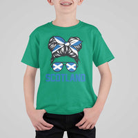 Scotland Messy Bun Hair Saltire Flag Ribbon Bow T Shirt For Kid Scottish Pride for Girls Women