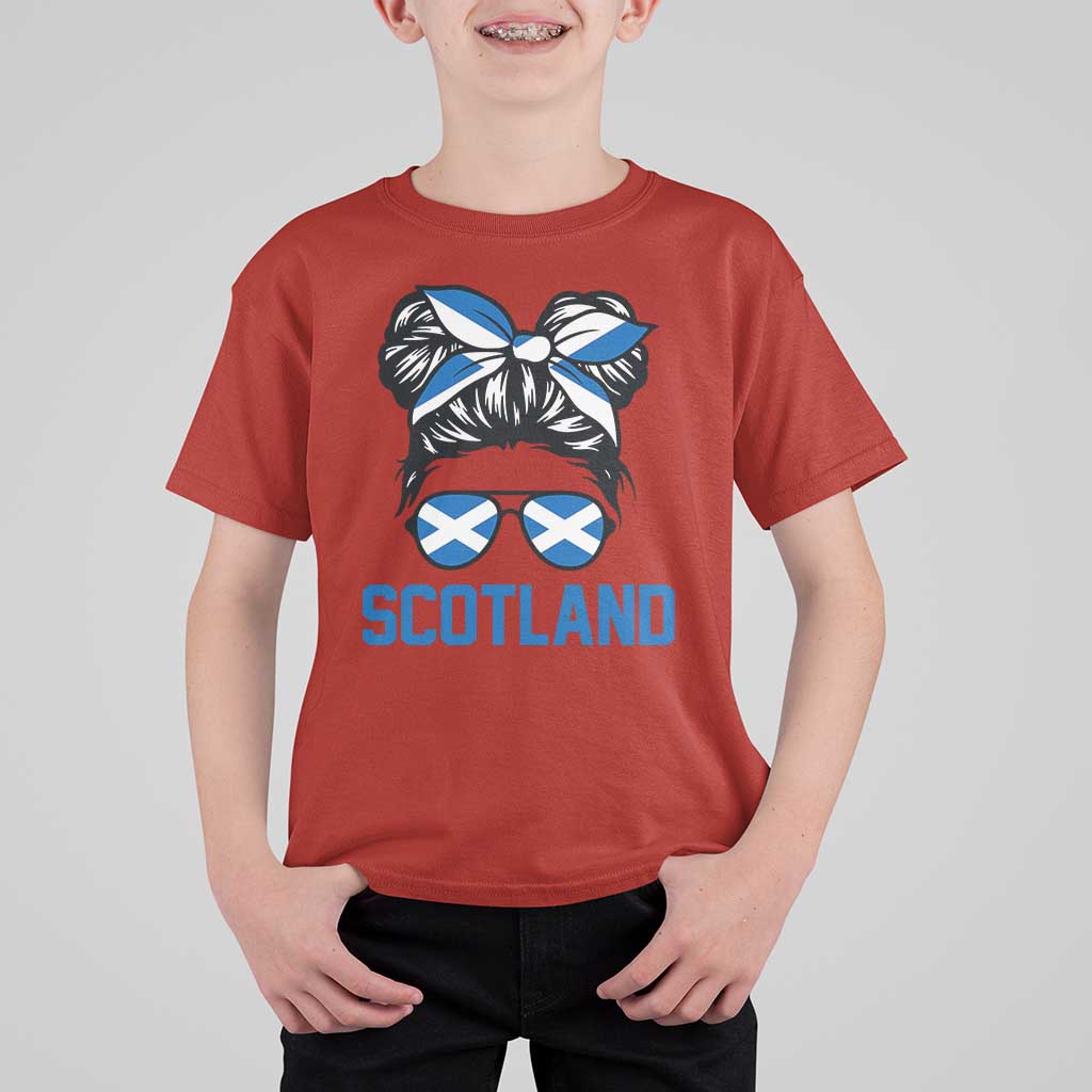 Scotland Messy Bun Hair Saltire Flag Ribbon Bow T Shirt For Kid Scottish Pride for Girls Women