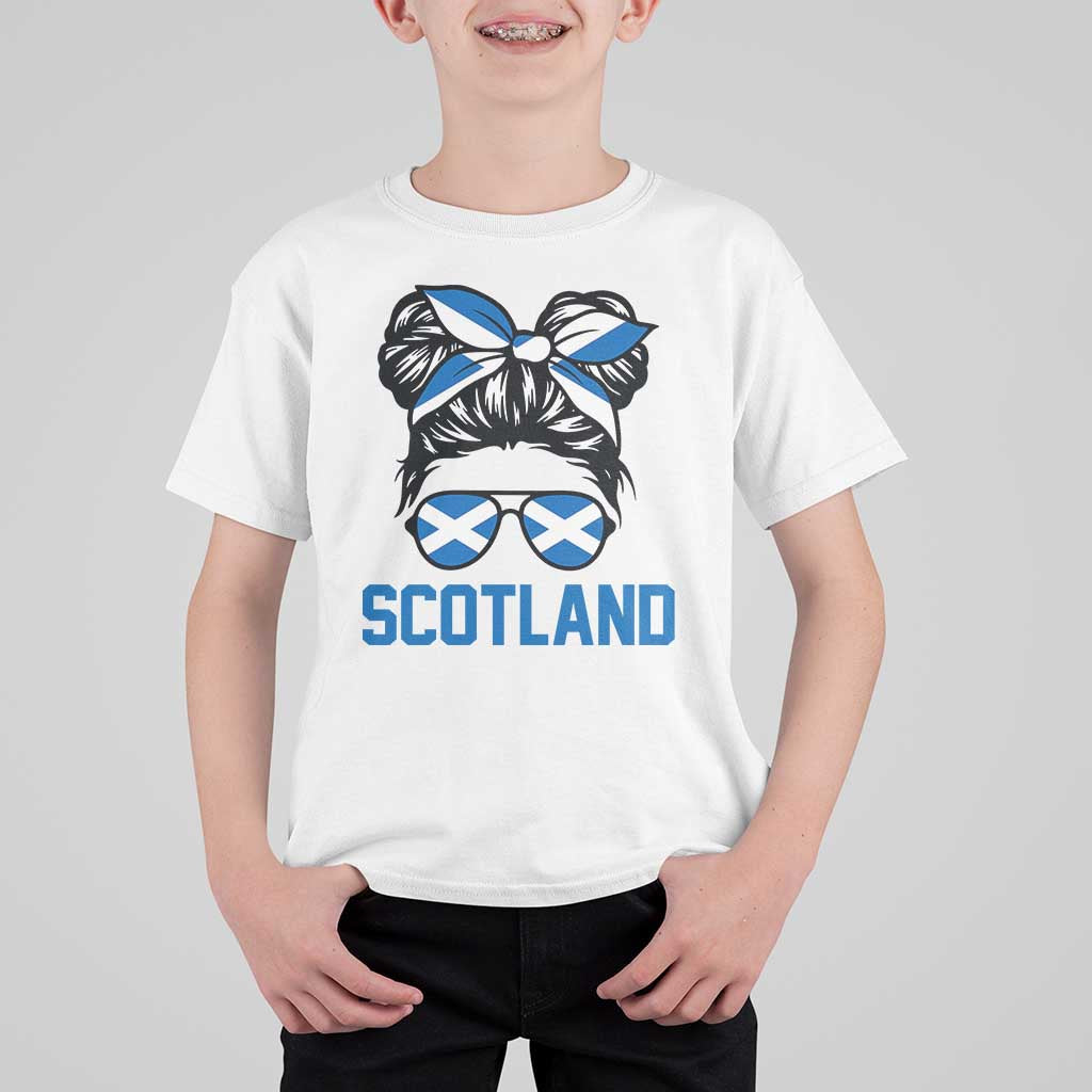 Scotland Messy Bun Hair Saltire Flag Ribbon Bow T Shirt For Kid Scottish Pride for Girls Women