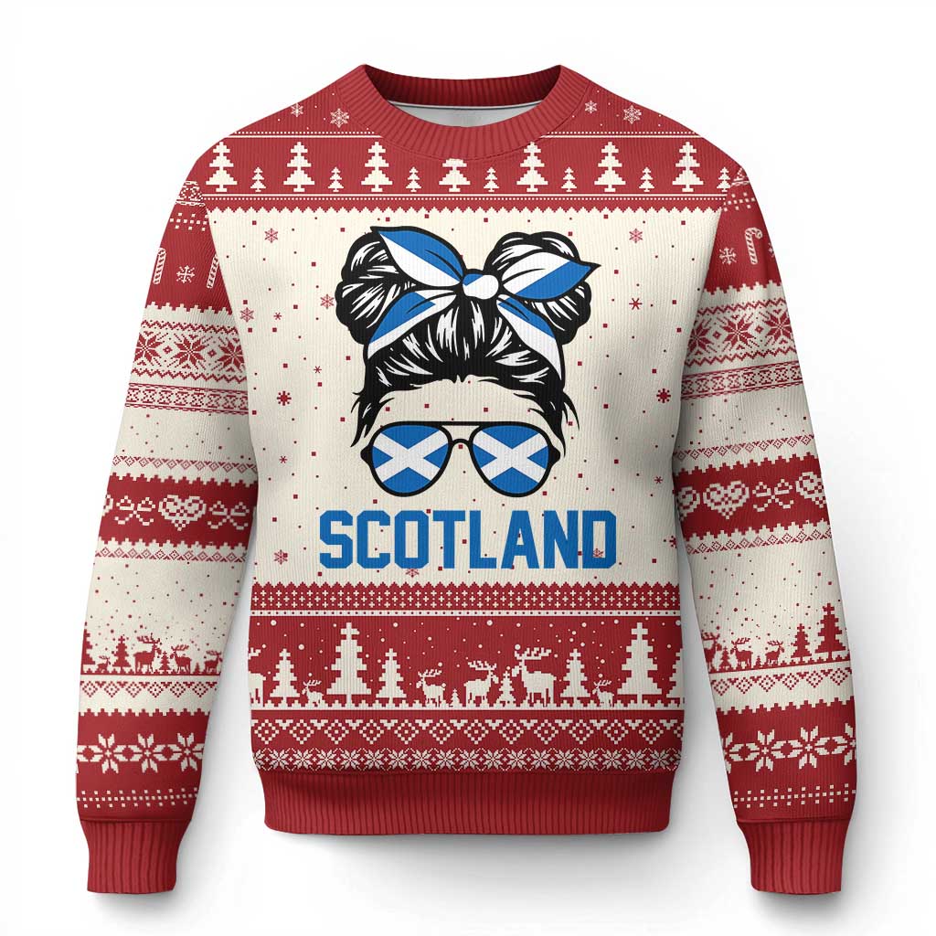 Scotland Messy Bun Hair Saltire Flag Ribbon Bow Ugly Christmas Sweater Scottish Pride for Girls Women