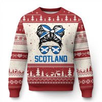 Scotland Messy Bun Hair Saltire Flag Ribbon Bow Ugly Christmas Sweater Scottish Pride for Girls Women