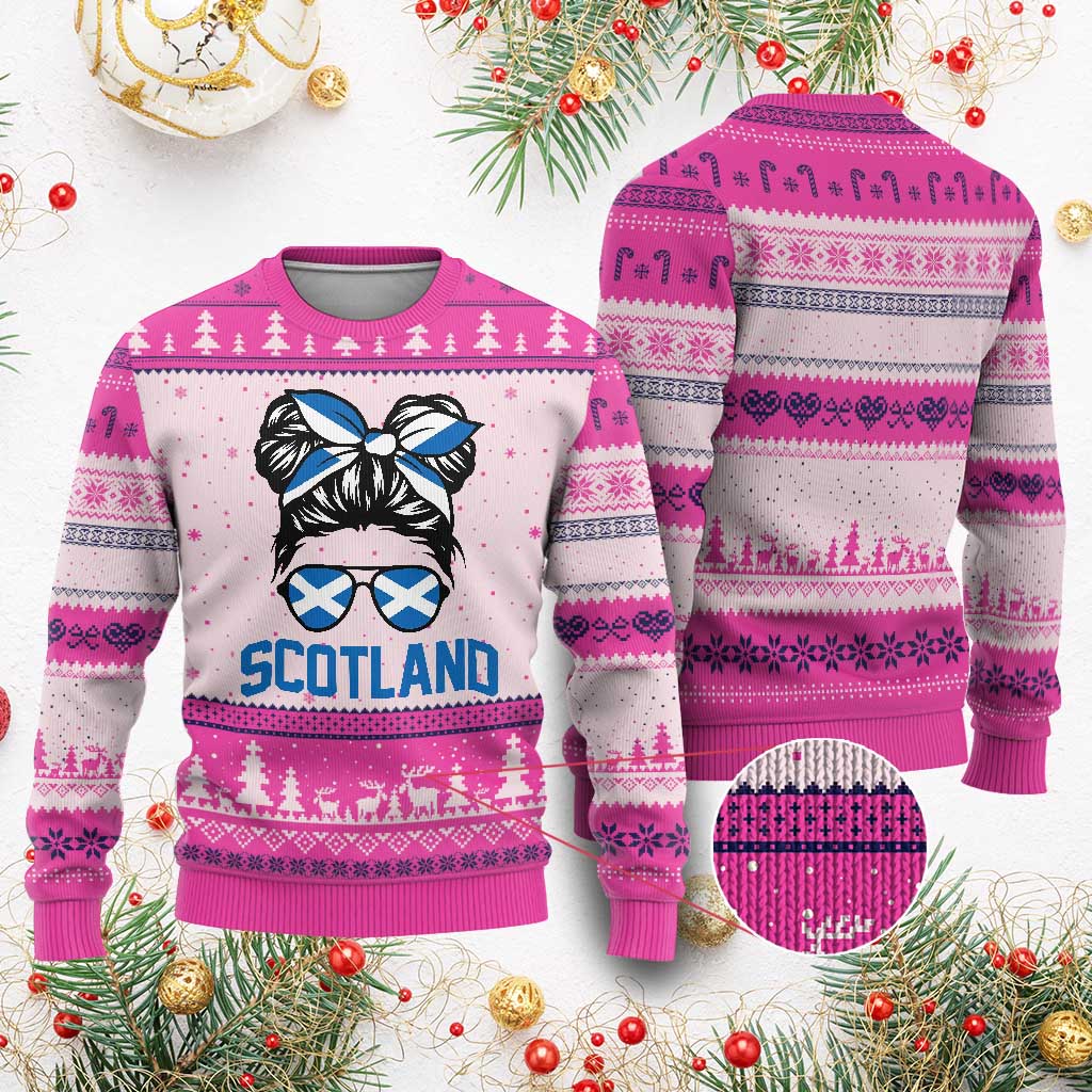 Scotland Messy Bun Hair Saltire Flag Ribbon Bow Ugly Christmas Sweater Scottish Pride for Girls Women