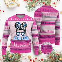 Scotland Messy Bun Hair Saltire Flag Ribbon Bow Ugly Christmas Sweater Scottish Pride for Girls Women