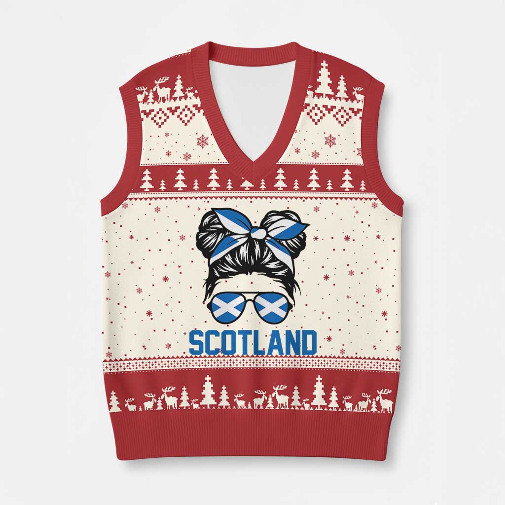 Scotland Messy Bun Hair Saltire Flag Ribbon Bow V-Neck Knit Sweater Vest Scottish Pride for Girls Women