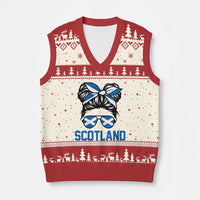 Scotland Messy Bun Hair Saltire Flag Ribbon Bow V-Neck Knit Sweater Vest Scottish Pride for Girls Women