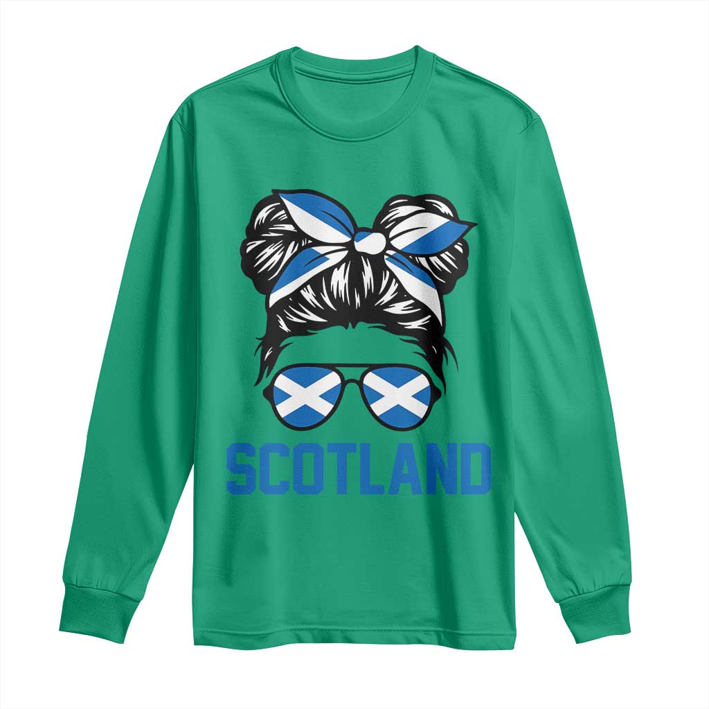 Scotland Messy Bun Hair Saltire Flag Ribbon Bow Long Sleeve Shirt Scottish Pride for Girls Women