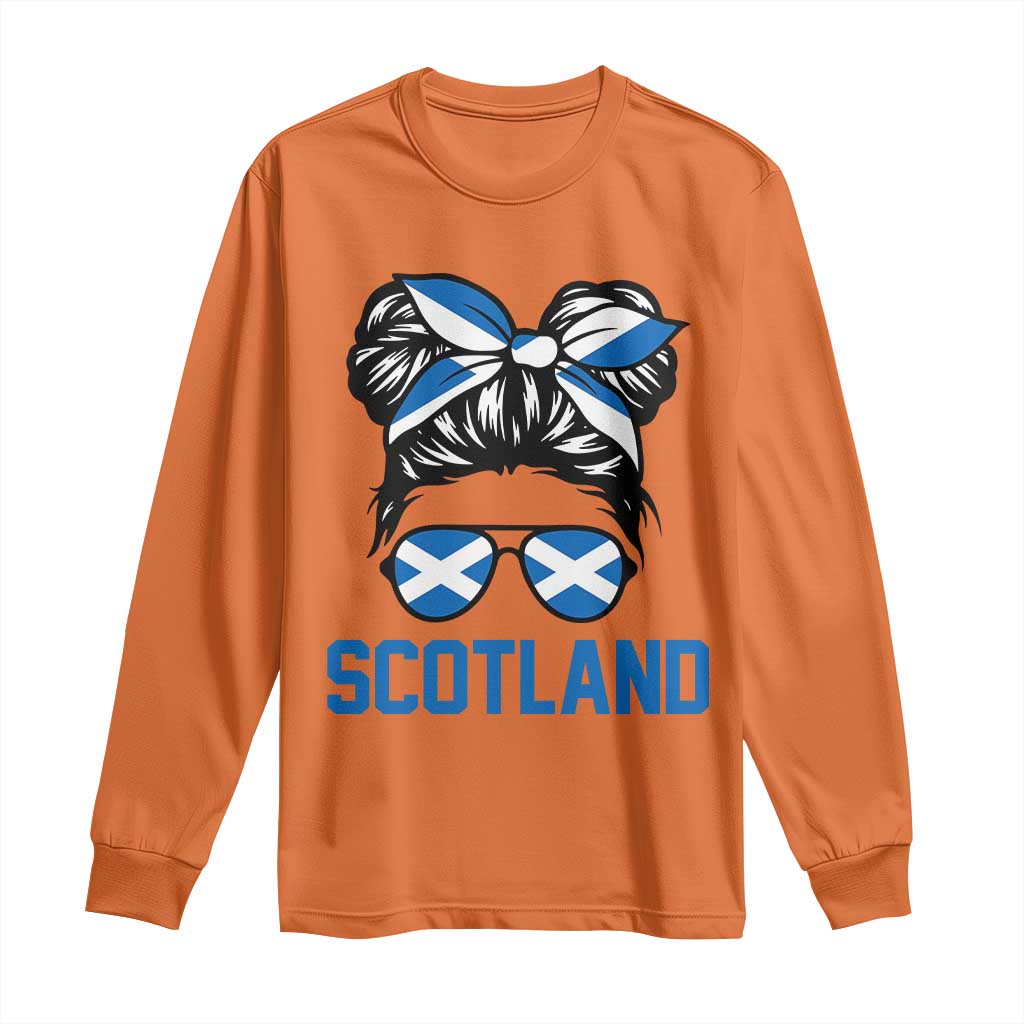 Scotland Messy Bun Hair Saltire Flag Ribbon Bow Long Sleeve Shirt Scottish Pride for Girls Women