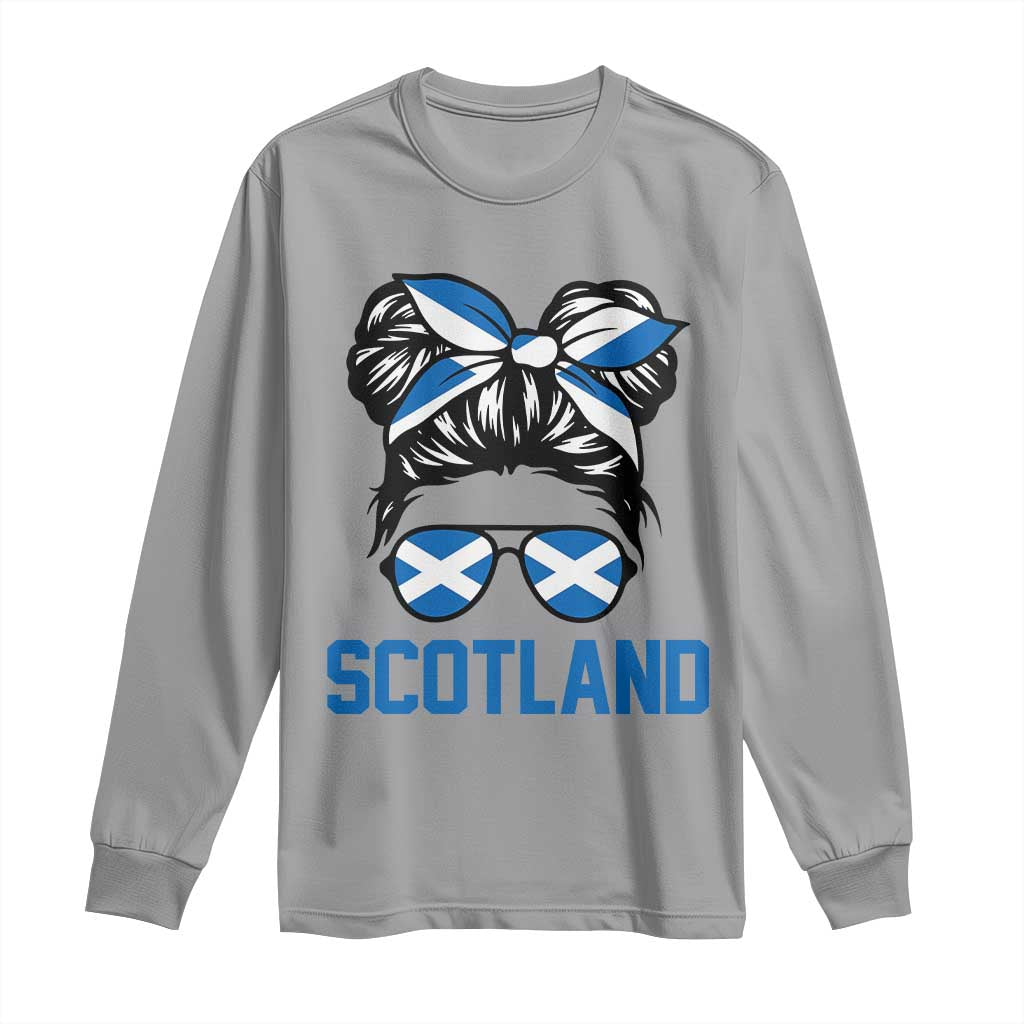 Scotland Messy Bun Hair Saltire Flag Ribbon Bow Long Sleeve Shirt Scottish Pride for Girls Women