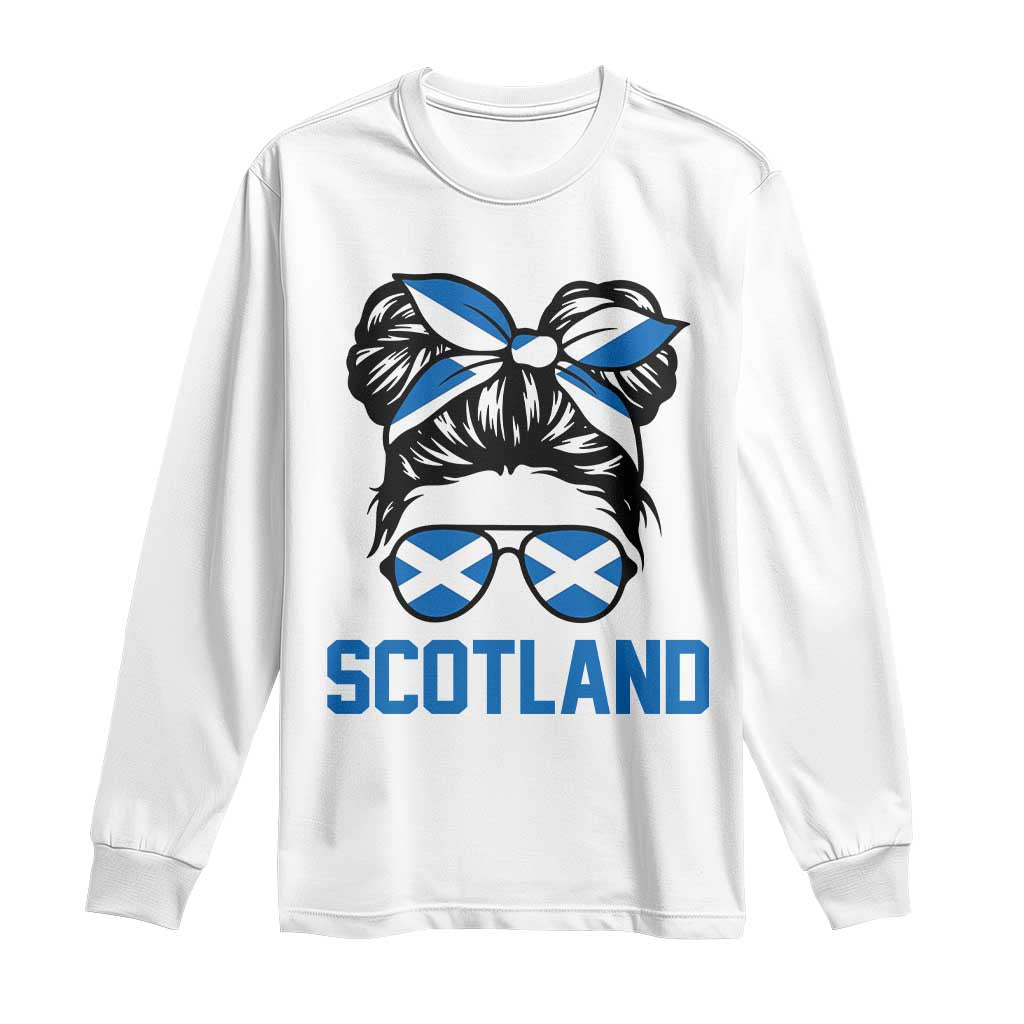 Scotland Messy Bun Hair Saltire Flag Ribbon Bow Long Sleeve Shirt Scottish Pride for Girls Women