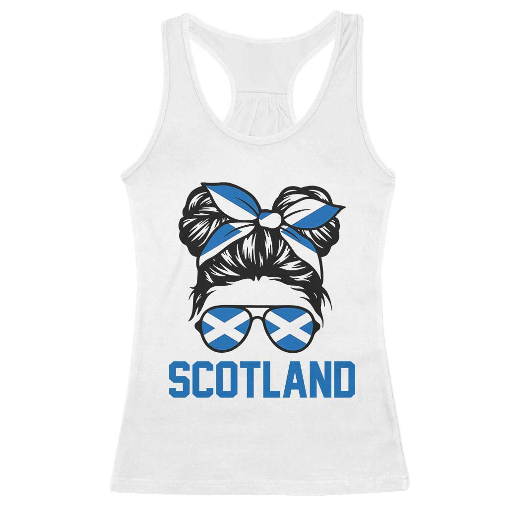 Scotland Messy Bun Hair Saltire Flag Ribbon Bow Racerback Tank Top Scottish Pride for Girls Women