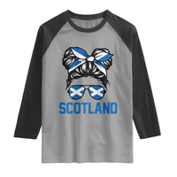 Scotland Messy Bun Hair Saltire Flag Ribbon Bow Raglan Shirt Scottish Pride for Girls Women
