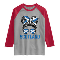 Scotland Messy Bun Hair Saltire Flag Ribbon Bow Raglan Shirt Scottish Pride for Girls Women