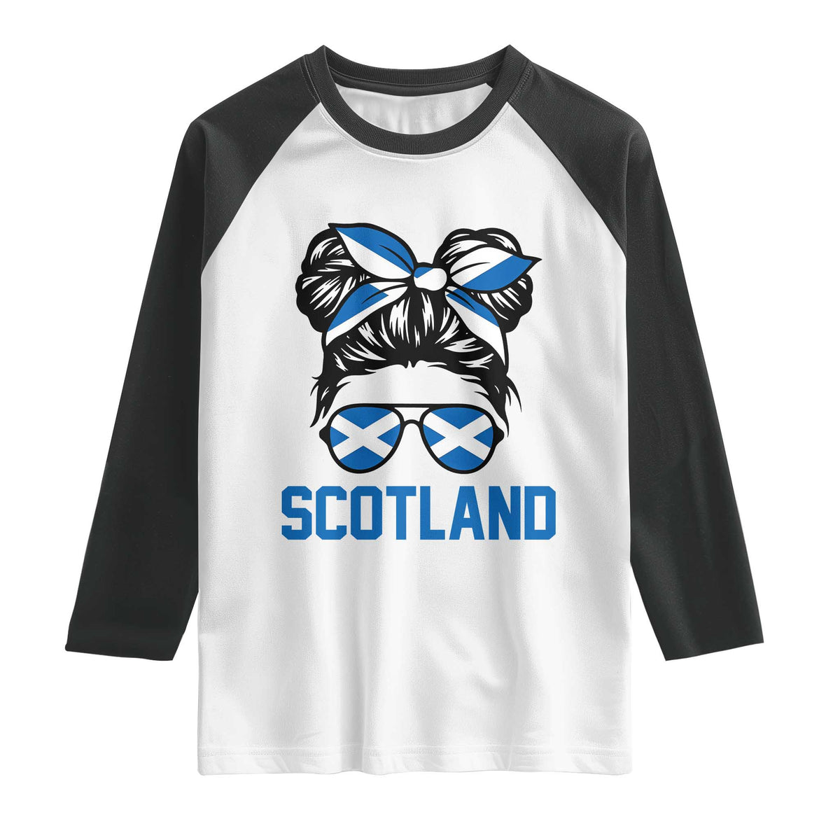Scotland Messy Bun Hair Saltire Flag Ribbon Bow Raglan Shirt Scottish Pride for Girls Women