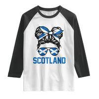 Scotland Messy Bun Hair Saltire Flag Ribbon Bow Raglan Shirt Scottish Pride for Girls Women