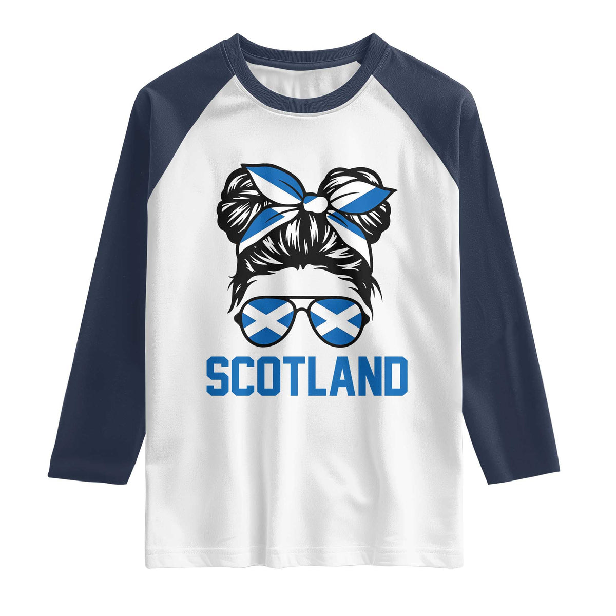 Scotland Messy Bun Hair Saltire Flag Ribbon Bow Raglan Shirt Scottish Pride for Girls Women