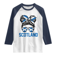 Scotland Messy Bun Hair Saltire Flag Ribbon Bow Raglan Shirt Scottish Pride for Girls Women