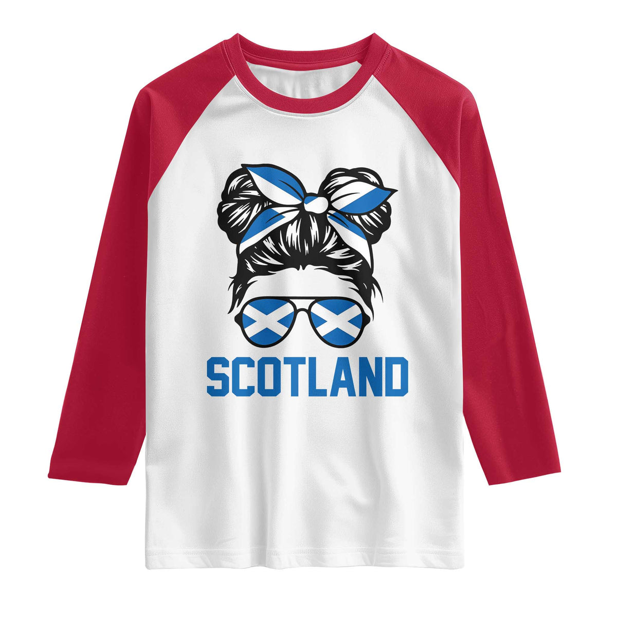Scotland Messy Bun Hair Saltire Flag Ribbon Bow Raglan Shirt Scottish Pride for Girls Women
