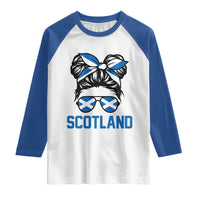 Scotland Messy Bun Hair Saltire Flag Ribbon Bow Raglan Shirt Scottish Pride for Girls Women