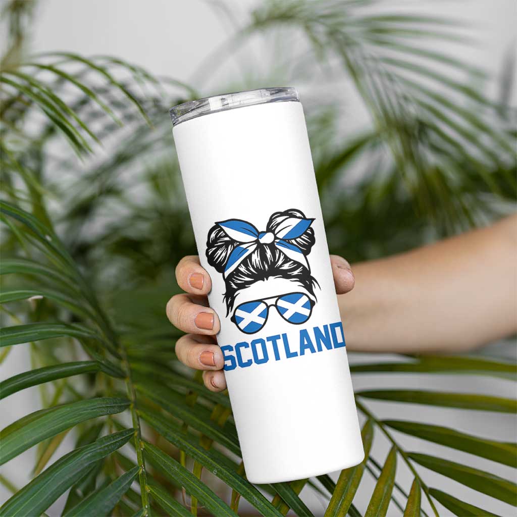 Scotland Messy Bun Hair Saltire Flag Ribbon Bow Skinny Tumbler Scottish Pride for Girls Women