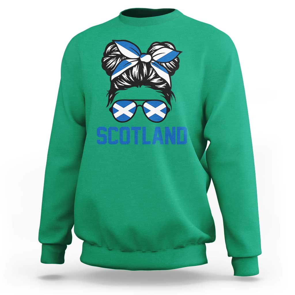 Scotland Messy Bun Hair Saltire Flag Ribbon Bow Sweatshirt Scottish Pride for Girls Women
