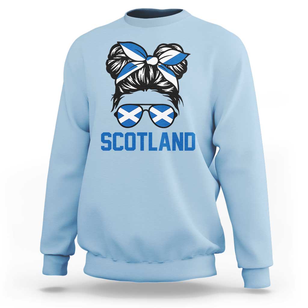Scotland Messy Bun Hair Saltire Flag Ribbon Bow Sweatshirt Scottish Pride for Girls Women