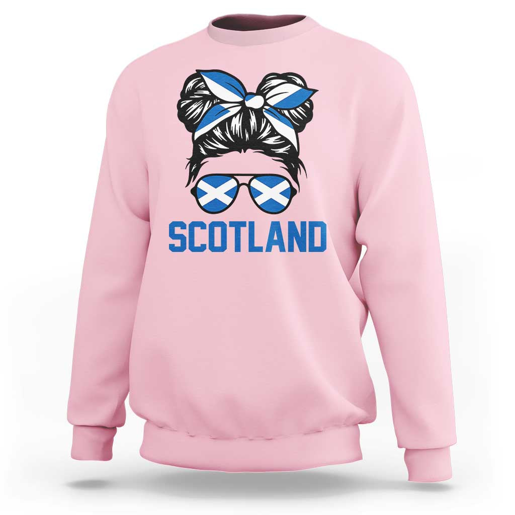 Scotland Messy Bun Hair Saltire Flag Ribbon Bow Sweatshirt Scottish Pride for Girls Women