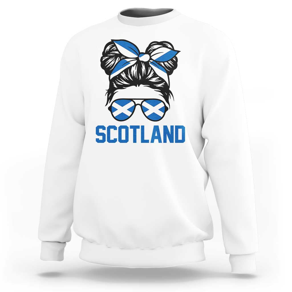 Scotland Messy Bun Hair Saltire Flag Ribbon Bow Sweatshirt Scottish Pride for Girls Women