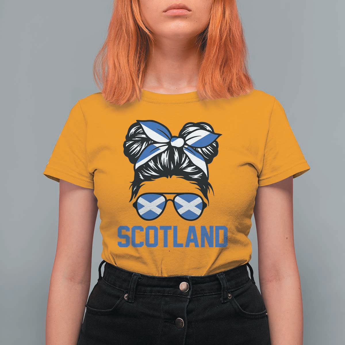 Scotland Messy Bun Hair Saltire Flag Ribbon Bow T Shirt For Women Scottish Pride for Girls Women