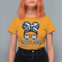 Scotland Messy Bun Hair Saltire Flag Ribbon Bow T Shirt For Women Scottish Pride for Girls Women