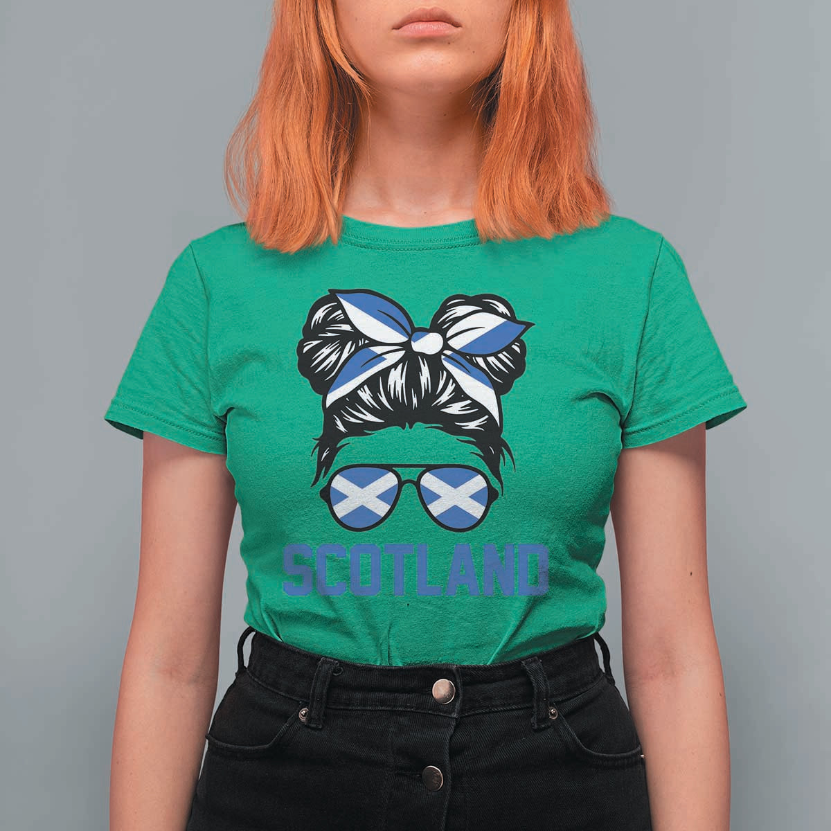 Scotland Messy Bun Hair Saltire Flag Ribbon Bow T Shirt For Women Scottish Pride for Girls Women