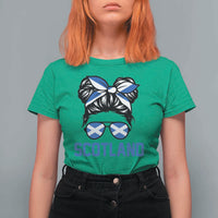 Scotland Messy Bun Hair Saltire Flag Ribbon Bow T Shirt For Women Scottish Pride for Girls Women