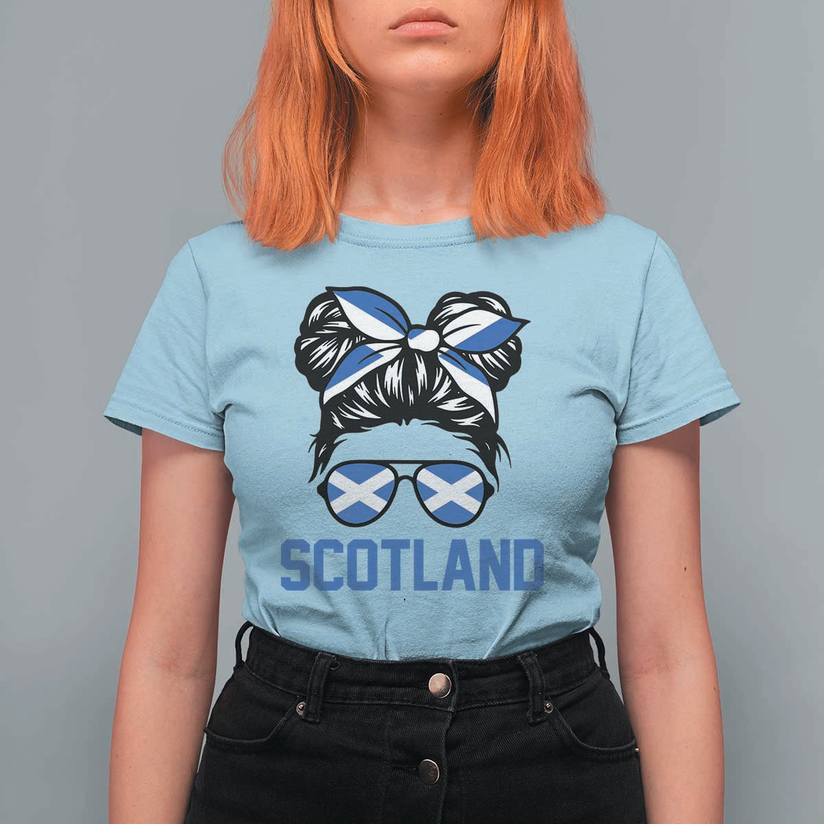 Scotland Messy Bun Hair Saltire Flag Ribbon Bow T Shirt For Women Scottish Pride for Girls Women