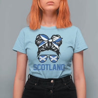 Scotland Messy Bun Hair Saltire Flag Ribbon Bow T Shirt For Women Scottish Pride for Girls Women