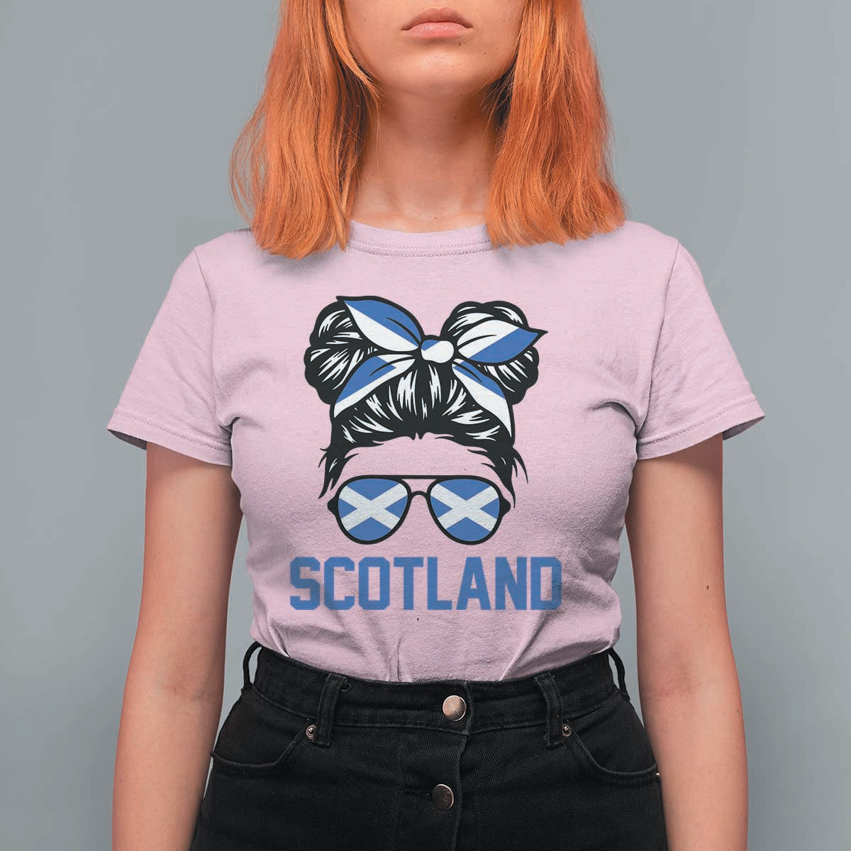 Scotland Messy Bun Hair Saltire Flag Ribbon Bow T Shirt For Women Scottish Pride for Girls Women
