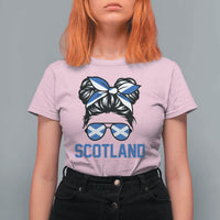 Scotland Messy Bun Hair Saltire Flag Ribbon Bow T Shirt For Women Scottish Pride for Girls Women