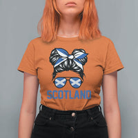 Scotland Messy Bun Hair Saltire Flag Ribbon Bow T Shirt For Women Scottish Pride for Girls Women