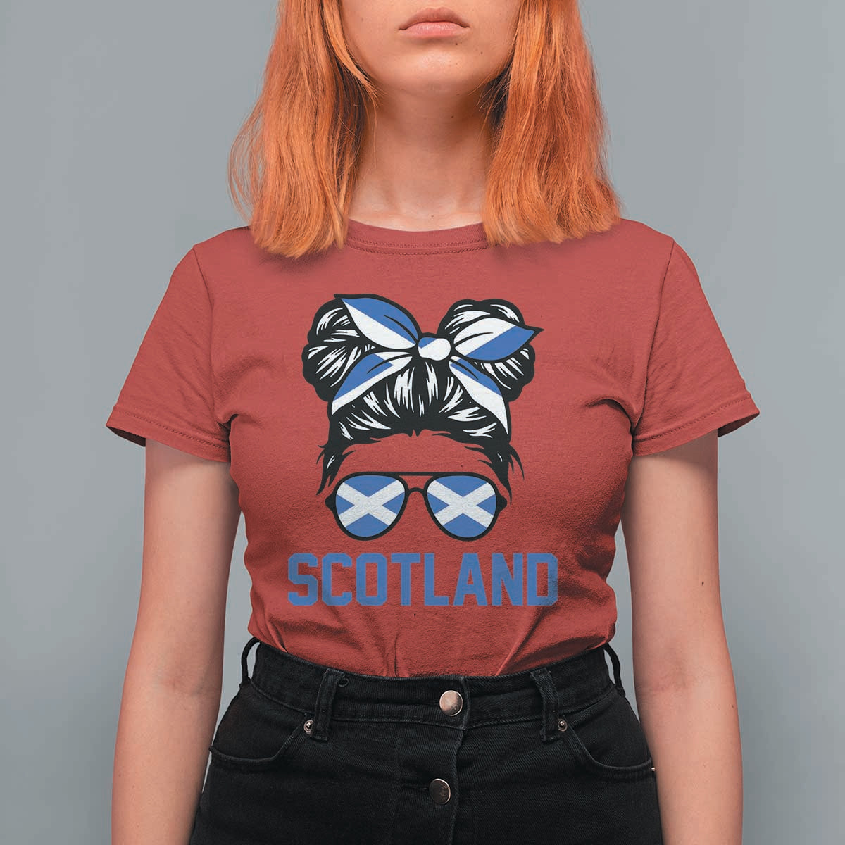 Scotland Messy Bun Hair Saltire Flag Ribbon Bow T Shirt For Women Scottish Pride for Girls Women