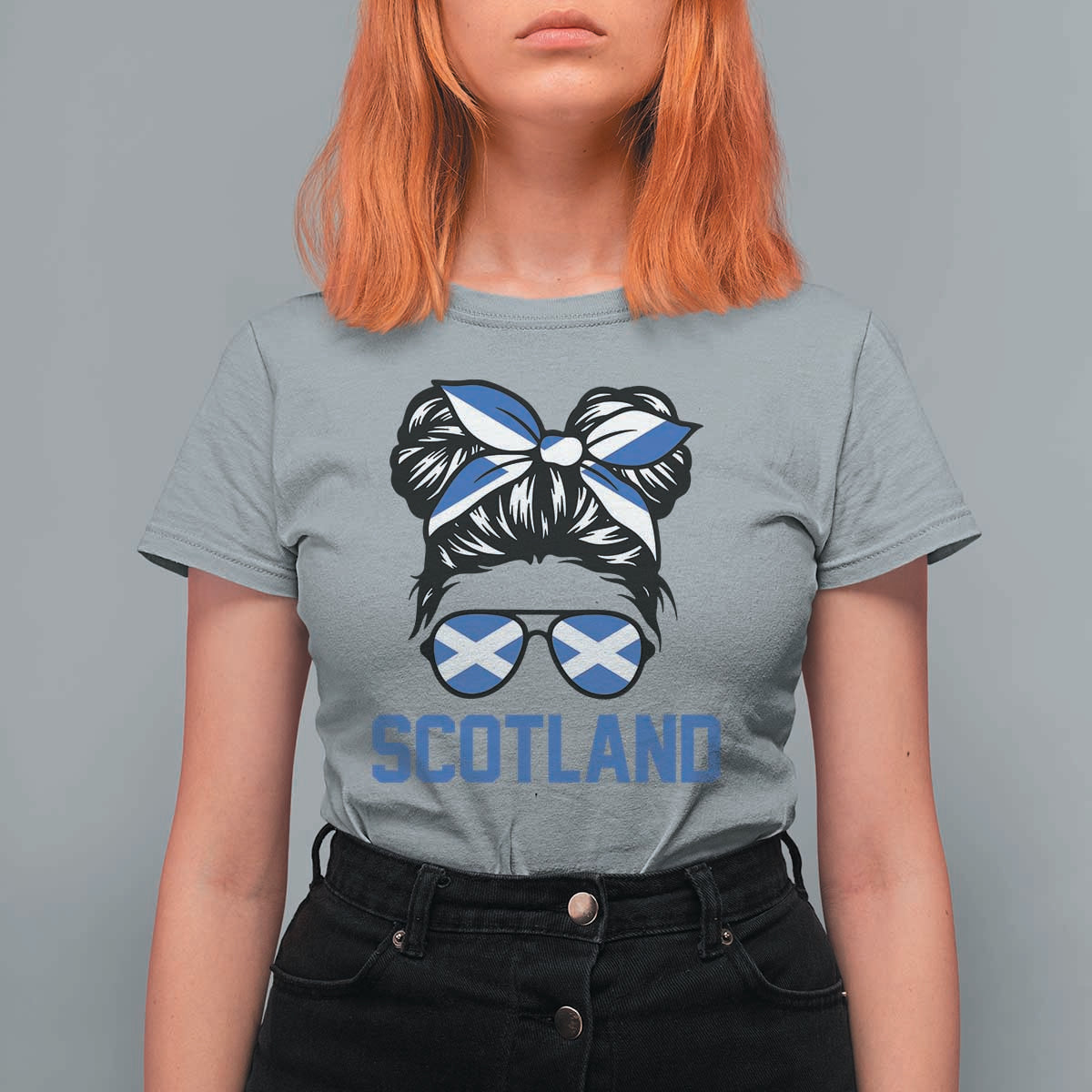Scotland Messy Bun Hair Saltire Flag Ribbon Bow T Shirt For Women Scottish Pride for Girls Women