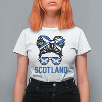 Scotland Messy Bun Hair Saltire Flag Ribbon Bow T Shirt For Women Scottish Pride for Girls Women