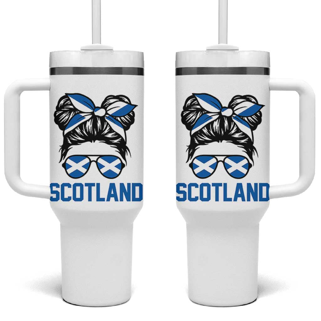 Scotland Messy Bun Hair Saltire Flag Ribbon Bow Tumbler With Handle Scottish Pride for Girls Women