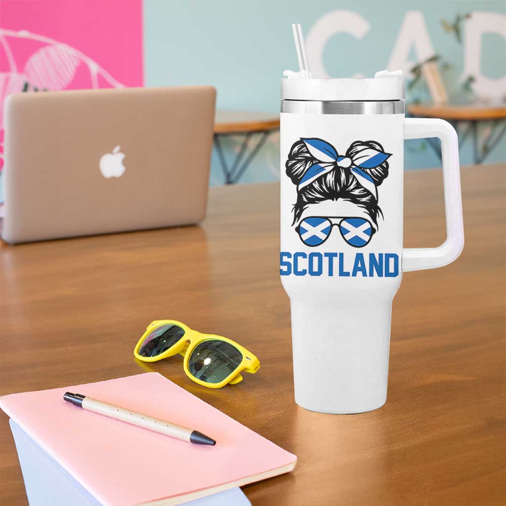 Scotland Messy Bun Hair Saltire Flag Ribbon Bow Tumbler With Handle Scottish Pride for Girls Women