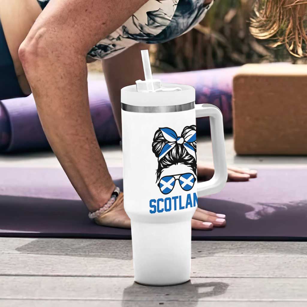 Scotland Messy Bun Hair Saltire Flag Ribbon Bow Tumbler With Handle Scottish Pride for Girls Women