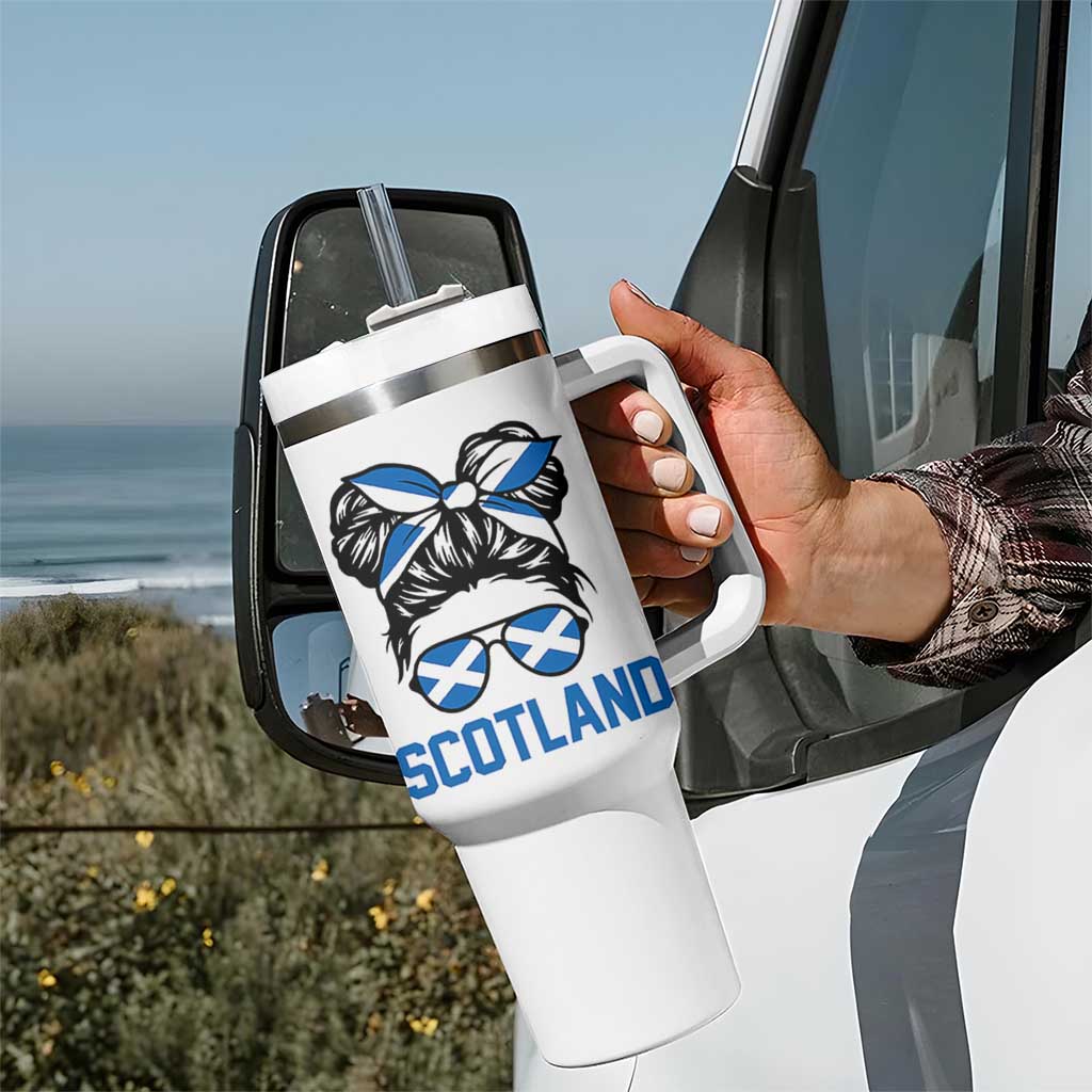 Scotland Messy Bun Hair Saltire Flag Ribbon Bow Tumbler With Handle Scottish Pride for Girls Women