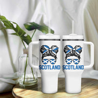 Scotland Messy Bun Hair Saltire Flag Ribbon Bow Tumbler With Handle Scottish Pride for Girls Women