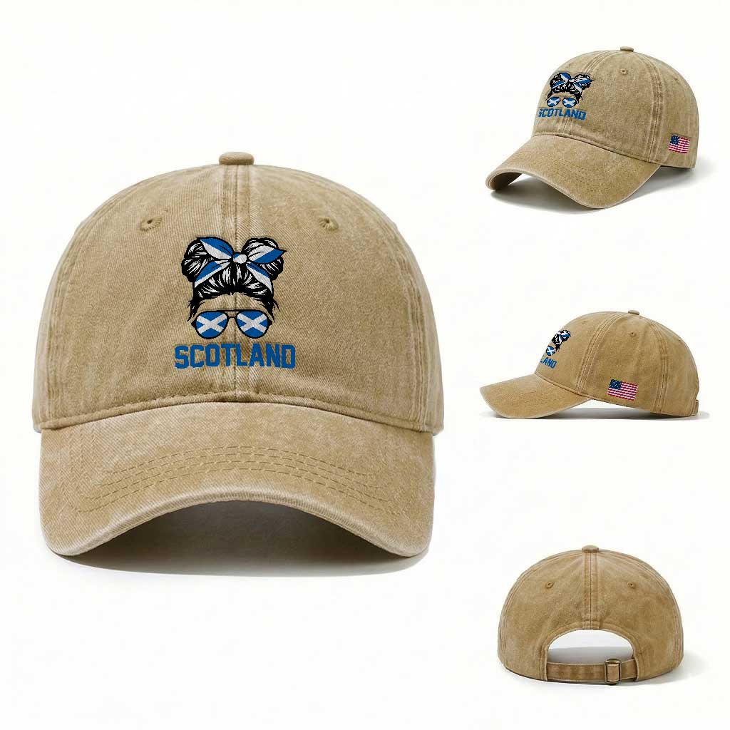 Scotland Messy Bun Hair Saltire Flag Ribbon Bow Washed Cotton Baseball Cap Scottish Pride for Girls Women